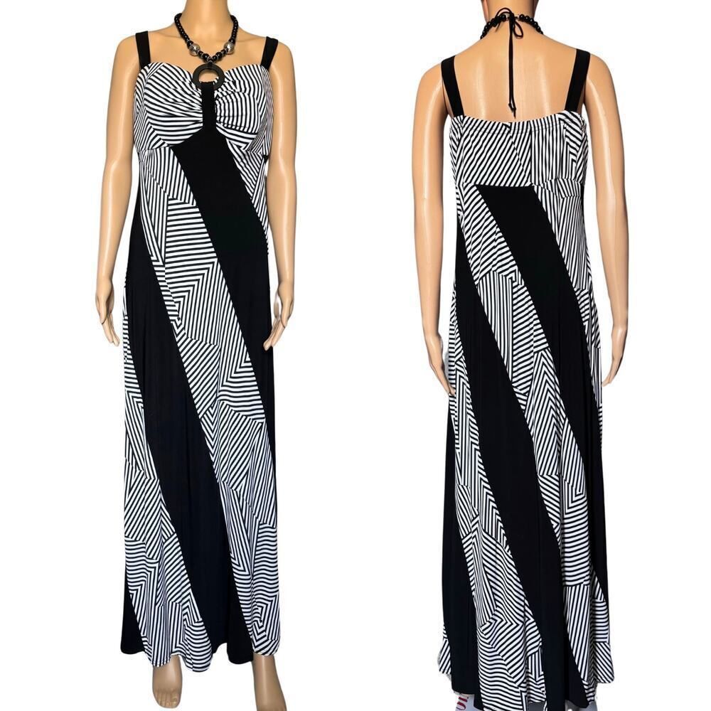 R&M Richards Maxi Dress Womens 16W Black & White Embellished‎ Beaded Neck USA